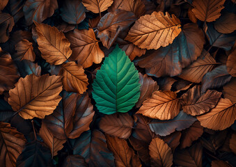 Single green leaf among brown autumn leaves - Powered by Adobe