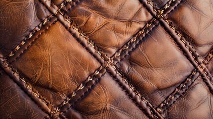Fototapeta premium texture of genuine leather with exquisite brown rhombic stitching pattern background