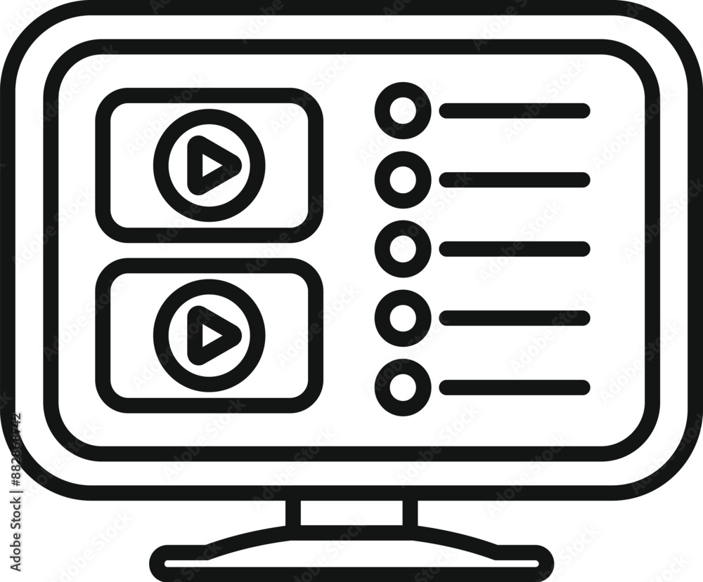 Poster simple, modern line icon depicting a computer monitor displaying a video editing program interface