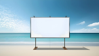 Fototapeta premium Empty white sign board beach scene featuring a large blank billboard with a metal frame. blank white billboard on a beach, offering a prime location for outdoor advertising.beach background 