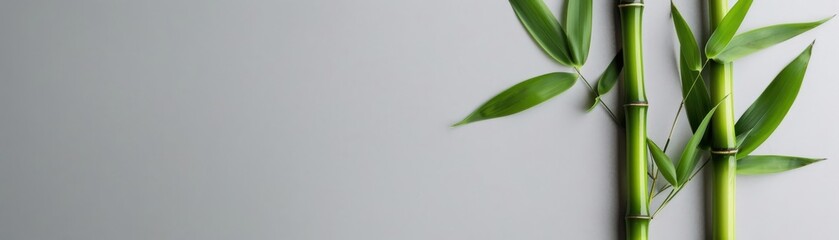 Obraz premium Minimalist bamboo stalks with green leaves on a gray background, perfect for zen, nature, and wellness themes.