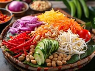 A vibrant image of ingredients of Som Tum, colorful vegetables, and peanuts