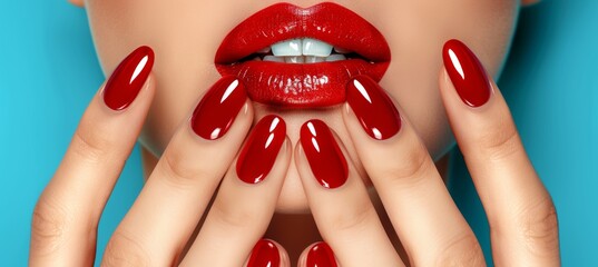 Beauty close up  woman with red lipstick and fashionable red nail polish, cosmetics showcase concept