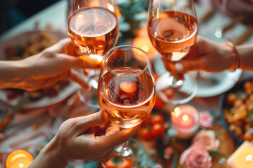 party scene image, hands holding glasses of rose wine above the table, scene during a summer  party or a celebration in a garden