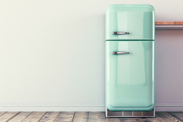 an image of a modern interior in mint colors, retro style fridge is standing near the wall, plants in pots decorate the kitchen, minimalist law detail photo, place for text