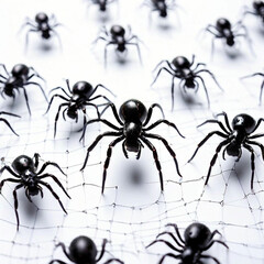 many black toy spiders on artificial web on an white background