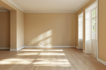 Obraz premium an image of a modern interior design of apartment, empty living room with beige wall , beautiful sunny light