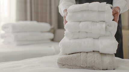 A maid places a stack of white towels on a freshly made bed in a hotel room