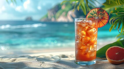 Obraz premium A vibrant tropical cocktail with fresh fruits and a colorful umbrella, set against a sandy beach backdrop.