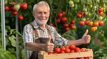 A smiling senior farmer holding a crate of fresh, red tomatoes in a greenhouse setting, giving a thumbs up