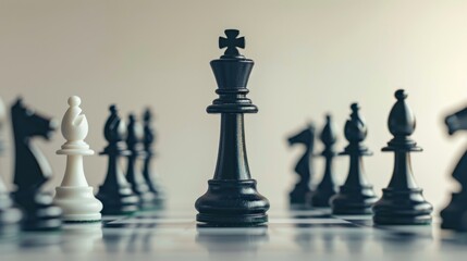 Black Chess King Stands Out Among White Pieces on Chessboard, Highlighting Strategic Dominance - Generative AI