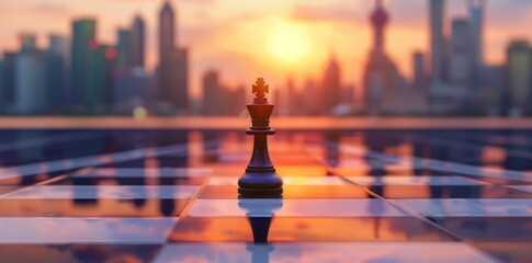 Black chess king on a reflective chessboard with a city skyline and sunset background representing strategic vision - Generative ai