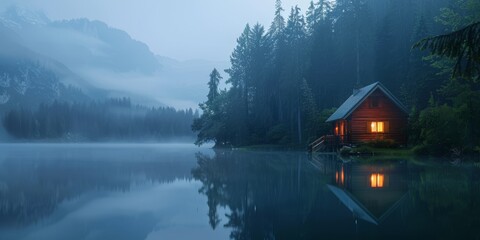 Fototapeta premium Illuminated Wooden house in the forest on a calm lake