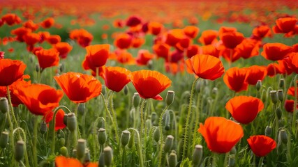 A vibrant sea of red tulips stretches across a sunny meadow in all its summer glory