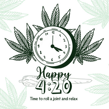 Cannabis 420 banner with clock and time surrounded by marihuana leaves. Happy 420 vector illustration in doodle outline style
