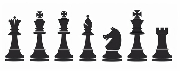 Set of black chess pieces silhouettes on white background, symbolizing strategy and intelligence in minimalist art - Generative ai