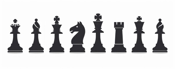 Set of black chess pieces silhouettes on white background, symbolizing strategy and intelligence in minimalist art - Generative ai