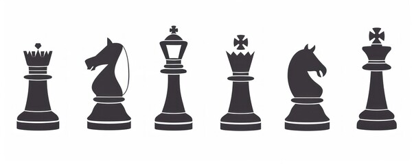 Set of black chess pieces silhouettes on white background, symbolizing strategy and intelligence in minimalist art - Generative ai