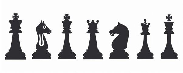 Set of black chess pieces silhouettes on white background, symbolizing strategy and intelligence in minimalist art - Generative ai