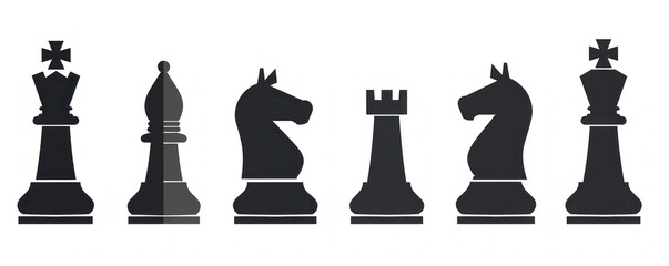 Set of black chess pieces silhouettes on white background, symbolizing strategy and intelligence in minimalist art - Generative ai