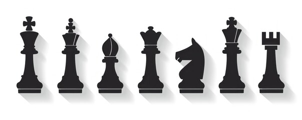 Set of black chess pieces silhouettes on white background, symbolizing strategy and intelligence in minimalist art - Generative ai
