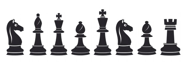 Set of black chess pieces silhouettes on white background, symbolizing strategy and intelligence in minimalist art - Generative ai