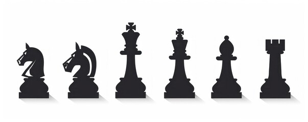 Set of black chess pieces silhouettes on white background, symbolizing strategy and intelligence in minimalist art - Generative ai