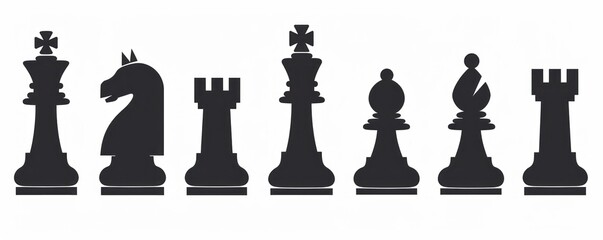 Set of black chess pieces silhouettes on white background, symbolizing strategy and intelligence in minimalist art - Generative ai