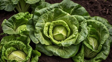 Fototapeta premium Round-headed green cabbage grows in the soil. The leaf layer is full of healthy nutrients.
