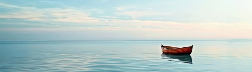 Fototapeta premium Serene image of a single boat floating on a calm sea under a clear blue sky, creating a tranquil and peaceful scene perfect for relaxation themes.