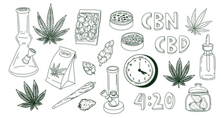 Cannabis elements set bong, marijuana leaf, joint and cbd oil. Vector illustration in doodle outline hand drawn style