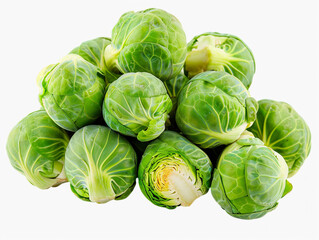 Fototapeta premium A Pile of Fresh Green Brussels Sprouts Isolated on a White Background