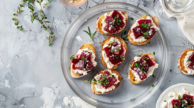 Light grey backdrop featuring a stylish glass platter with gourmet roasted beet and goat cheese crostini
