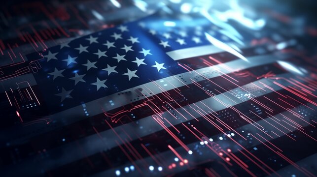 Flag of USA rendered in a Futuristic 3D style. American Innovation Concept. Tech Background.