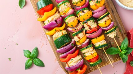 Pastel pink background with a geometric serving board displaying colorful vegetable skewers with a side of hummus