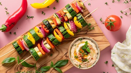 Pastel pink background with a geometric serving board displaying colorful vegetable skewers with a side of hummus