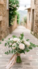 A bouquet of white and pink roses with greenery lies on a cobblestone path in a forest setting