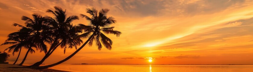 Obraz premium Stunning beach sunset with palm trees silhouetted against vibrant orange and yellow sky, serene ocean view perfect for tropical paradise concept.