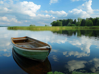 Obraz premium A Small Wooden Rowboat on a Tranquil Lake With Lush Greenery and a Cloudy Sky