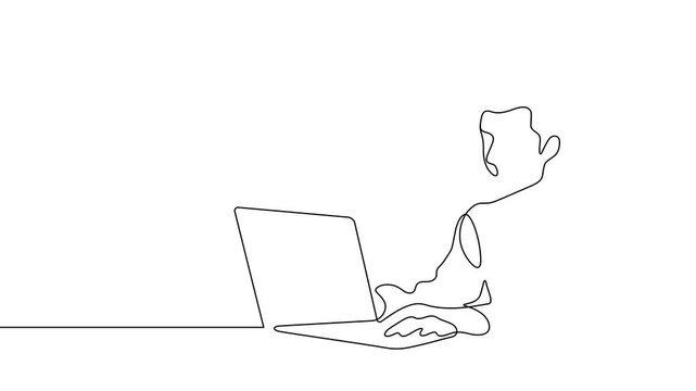 young man using laptop computer one line drawing 4K video animation