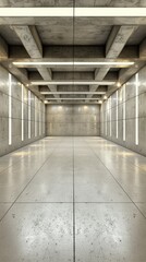 A long, white tunnel with bright lights overhead and a reflective floor. The walls are lined with evenly spaced rows of rectangular lights