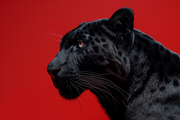 photography of A black leopard,red background