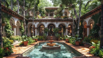 Spanish Colonial Courtyard with Fountain and Lush Greenery