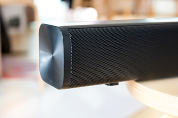 Close up modern sound bar speaker in minimal style, equipment, sound