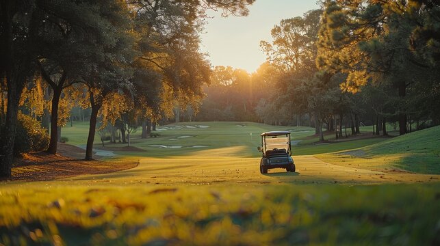 full shot golf cart golf green golf field in the rigth golf field in the left, tabletop photography, zeiss planar t* 80mm f/2