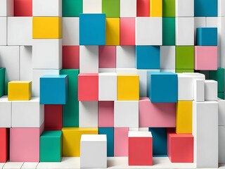 Abstract colorful architectural objects. Yellow red green blue pink white blocks with pantone colors variation.