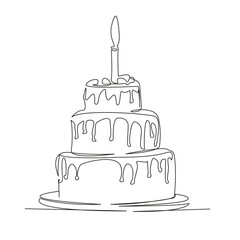 One continuous single drawing line art flat doodle  cake with a candle, piece of cake, festive dessert, sweets, pastries. Isolated image hand draw contour on a white background
