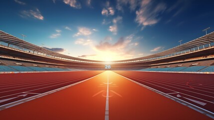 Obraz premium front view of an athletics stadium with a racetrack and starting blocks.