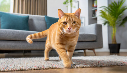 Orange tabby cat walking on the carpet in front of sofa in living room. Cute kitten portrait
