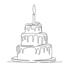 One continuous single drawing line art flat doodle  cake with a candle, piece of cake, festive dessert, sweets, pastries. Isolated image hand draw contour on a white background
